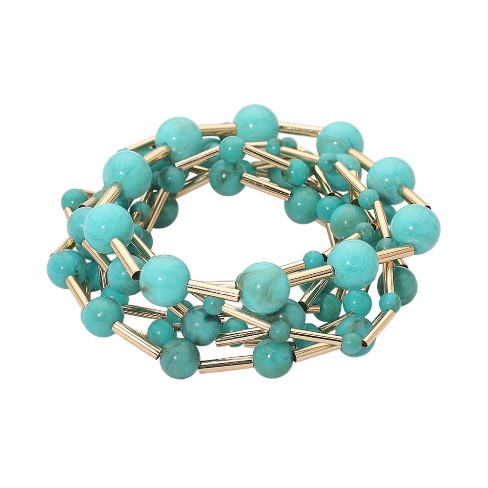 7PCS - Resin Ball Metal Bar Beaded Stretch Multi Layered Bracelets - Picture 2 of 5